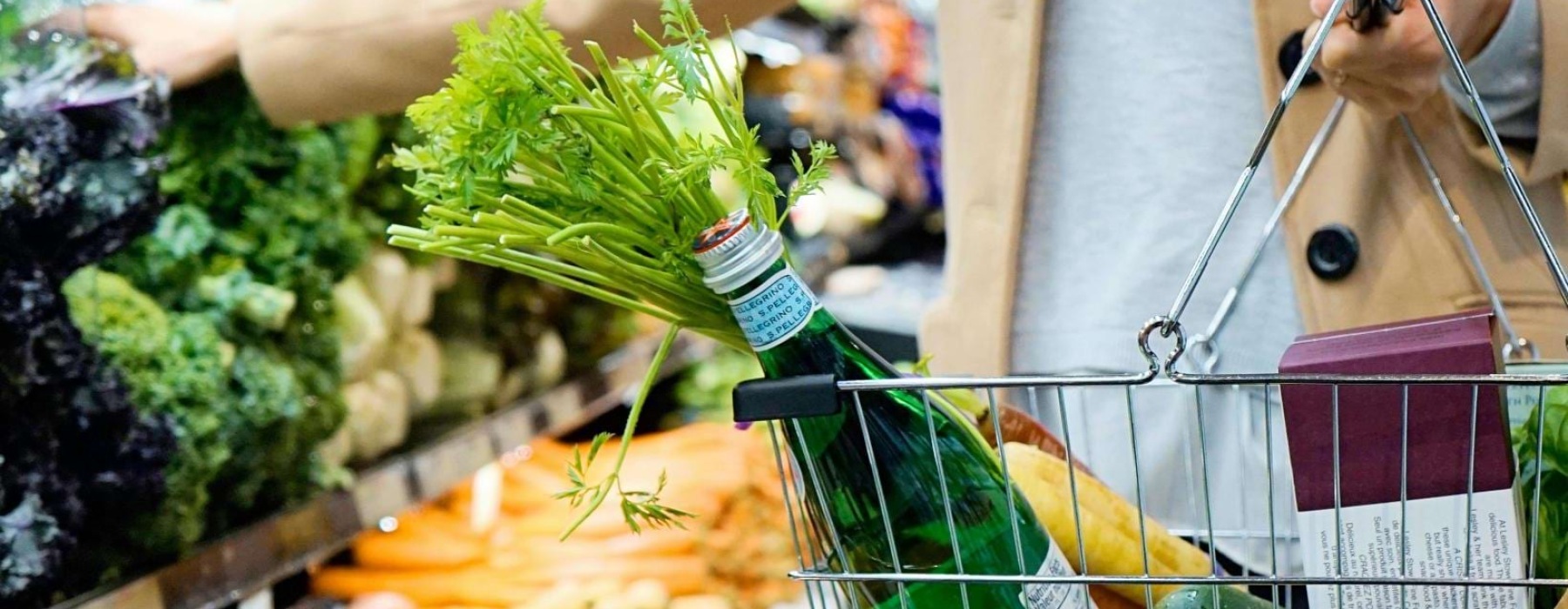 a person holding a shopping cart full of vegetables